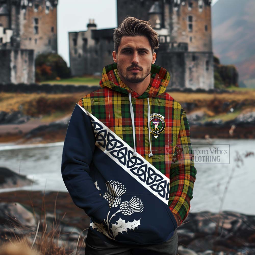 Tartan Vibes Clothing Buchanan Tartan Cotton Hoodie Featuring Thistle and Scotland Map