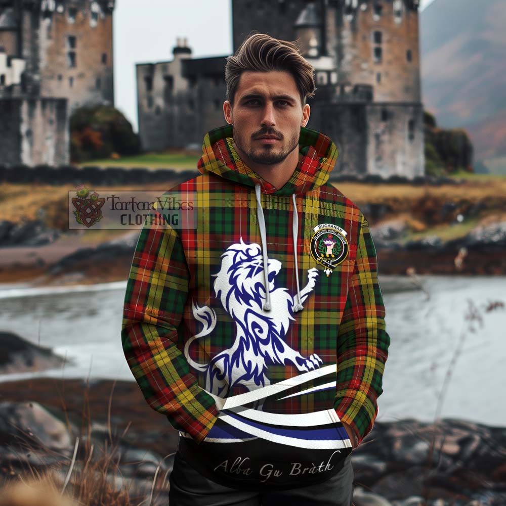 Tartan Vibes Clothing Buchanan Tartan Cotton Hoodie with Alba Gu Brath Regal Lion Emblem