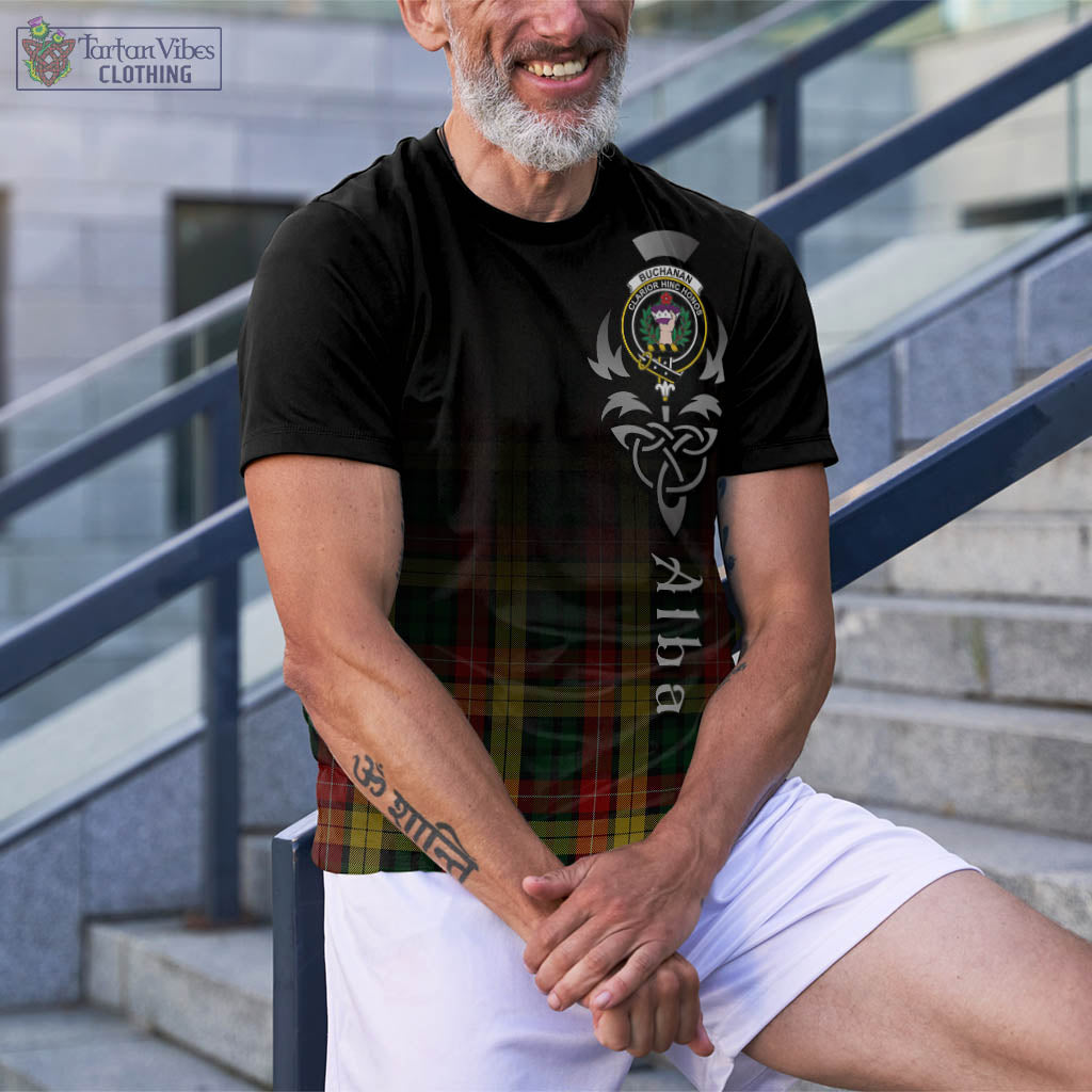 Tartan Vibes Clothing Buchanan Tartan T-Shirt Featuring Alba Gu Brath Family Crest Celtic Inspired