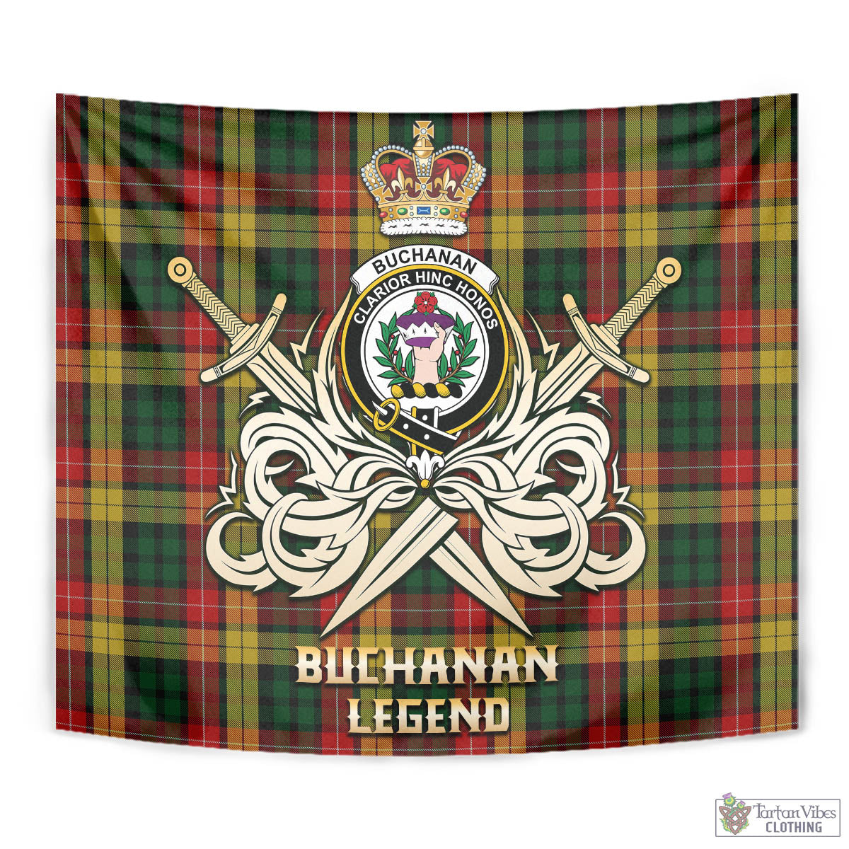 Tartan Vibes Clothing Buchanan Tartan Tapestry with Clan Crest and the Golden Sword of Courageous Legacy