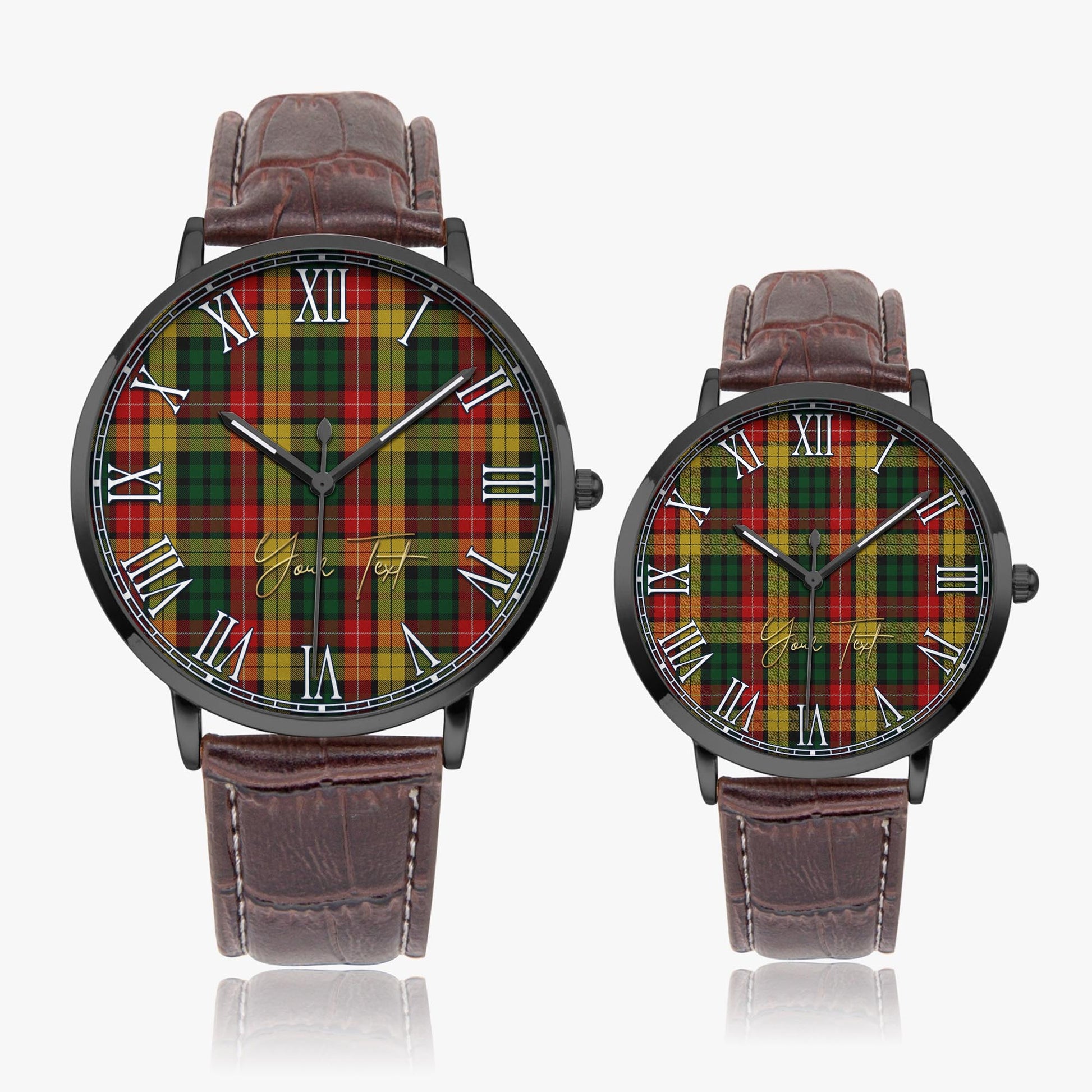 Buchanan Tartan Personalized Your Text Leather Trap Quartz Watch Ultra Thin Black Case With Brown Leather Strap - Tartanvibesclothing