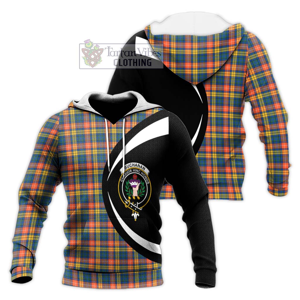 Buchanan Ancient Tartan Knitted Hoodie with Family Crest Circle Style Unisex Knitted Pullover Hoodie - Tartan Vibes Clothing