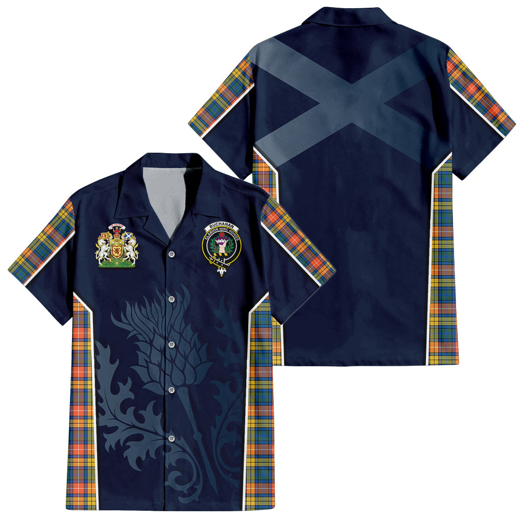 Tartan Vibes Clothing Buchanan Ancient Tartan Short Sleeve Button Up Shirt with Family Crest and Scottish Thistle Vibes Sport Style