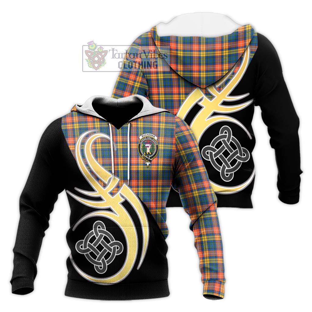 Tartan Vibes Clothing Buchanan Ancient Tartan Knitted Hoodie with Family Crest and Celtic Symbol Style