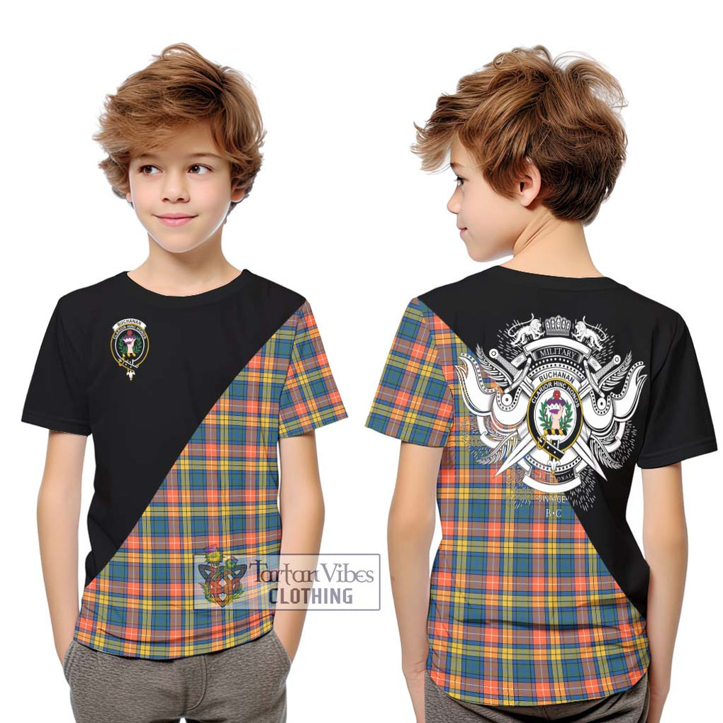 Buchanan Ancient Tartan Kid T-Shirt with Family Crest and Military Logo Style Youth XL Size14 - Tartanvibesclothing Shop