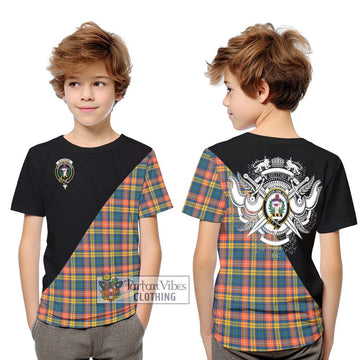 Buchanan Ancient Tartan Kid T-Shirt with Family Crest and Military Logo Style