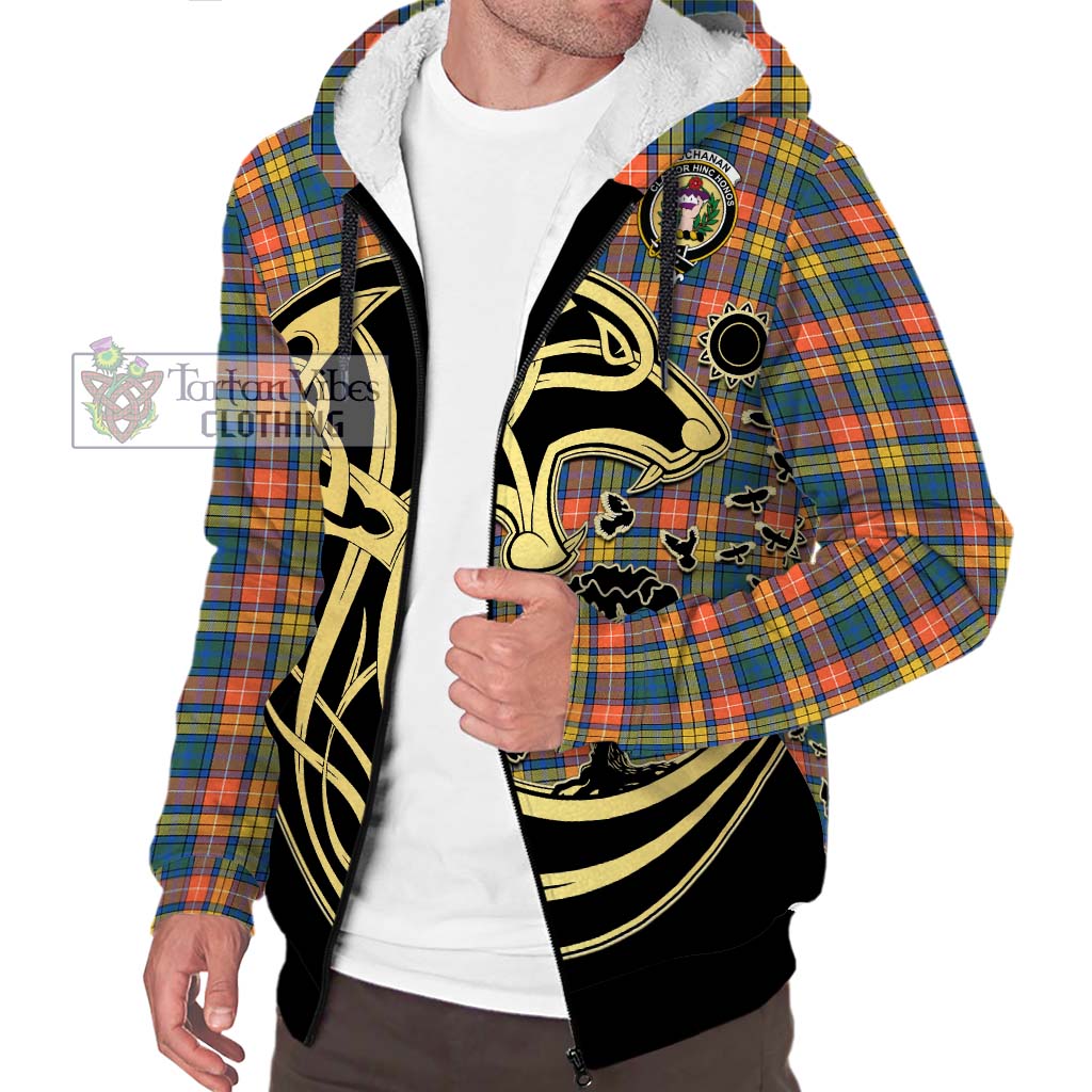 Tartan Vibes Clothing Buchanan Ancient Tartan Sherpa Hoodie with Family Crest Celtic Wolf Style