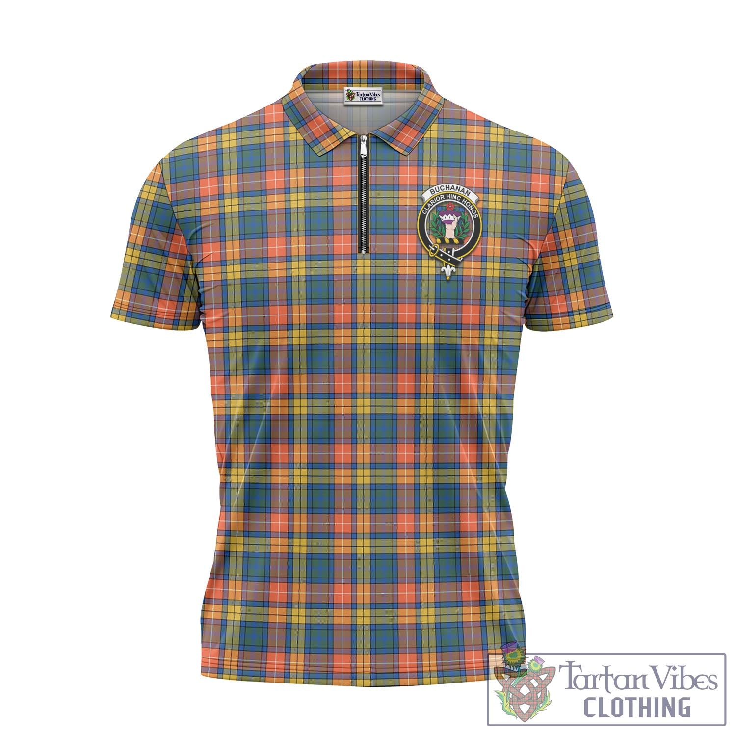 Tartan Vibes Clothing Buchanan Ancient Tartan Zipper Polo Shirt with Family Crest