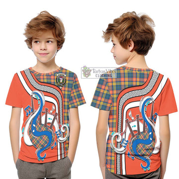 Buchanan Ancient Tartan Kid T-Shirt with Epic Bagpipe Style