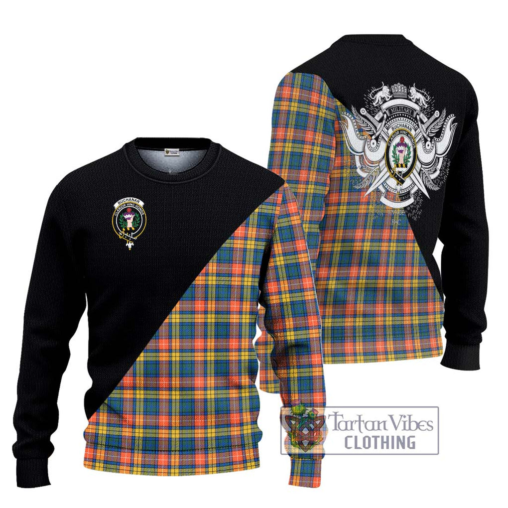 Buchanan Ancient Tartan Knitted Sweater with Family Crest and Military Logo Style Unisex - Tartanvibesclothing Shop