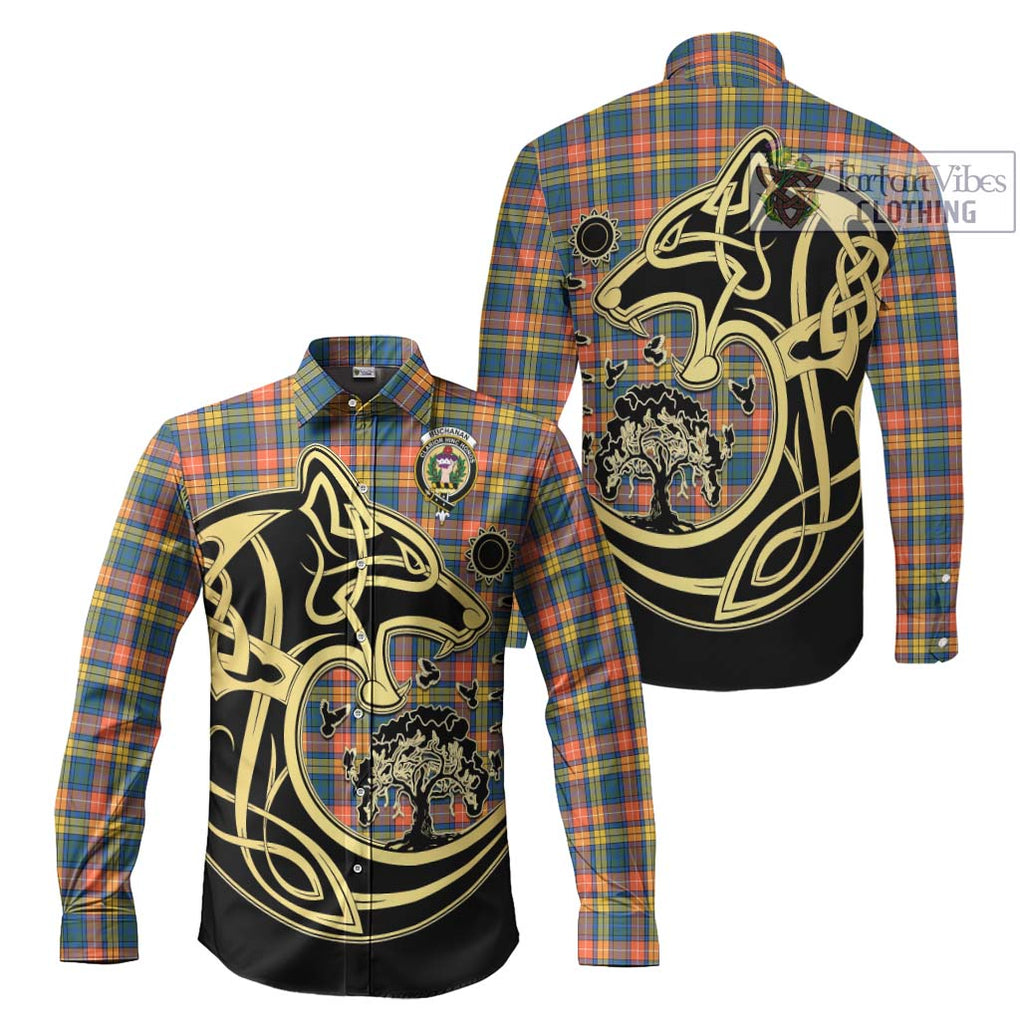 Buchanan Ancient Tartan Long Sleeve Button Shirt with Family Crest Celtic Wolf Style Men's Shirt S - Tartan Vibes Clothing