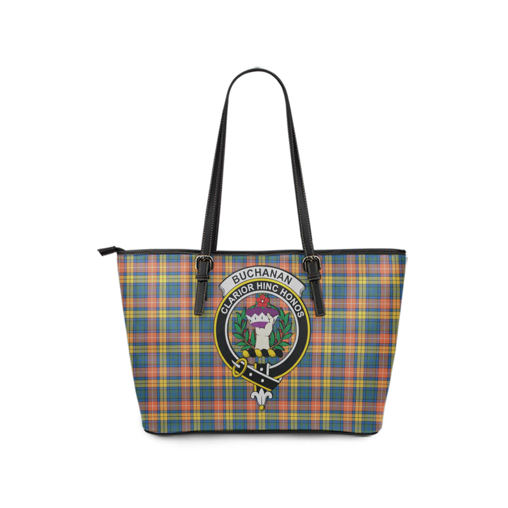 Buchanan Ancient Tartan Leather Tote Bag with Family Crest - Tartanvibesclothing