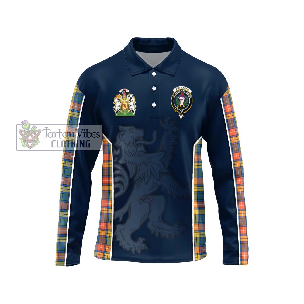 Buchanan Ancient Tartan Long Sleeve Polo Shirt with Family Crest and Lion Rampant Vibes Sport Style Unisex - Tartan Vibes Clothing