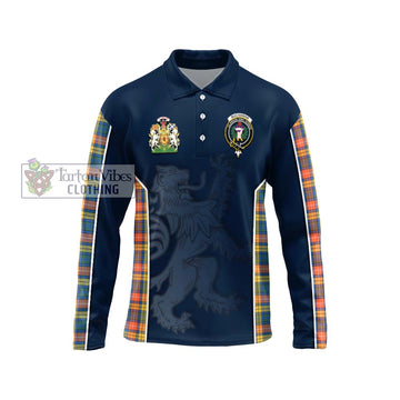 Buchanan Ancient Tartan Long Sleeve Polo Shirt with Family Crest and Lion Rampant Vibes Sport Style