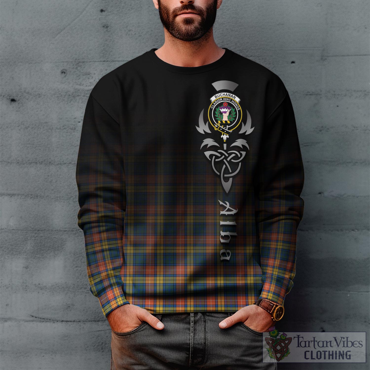 Tartan Vibes Clothing Buchanan Ancient Tartan Sweatshirt Featuring Alba Gu Brath Family Crest Celtic Inspired