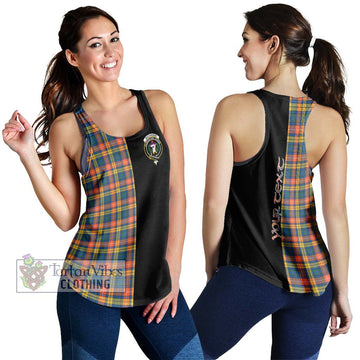 Buchanan Ancient Tartan Women's Racerback Tanks with Family Crest and Half Of Me Style