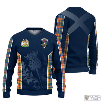 Buchanan Ancient Tartan Knitted Sweatshirt with Family Crest and Scottish Thistle Vibes Sport Style