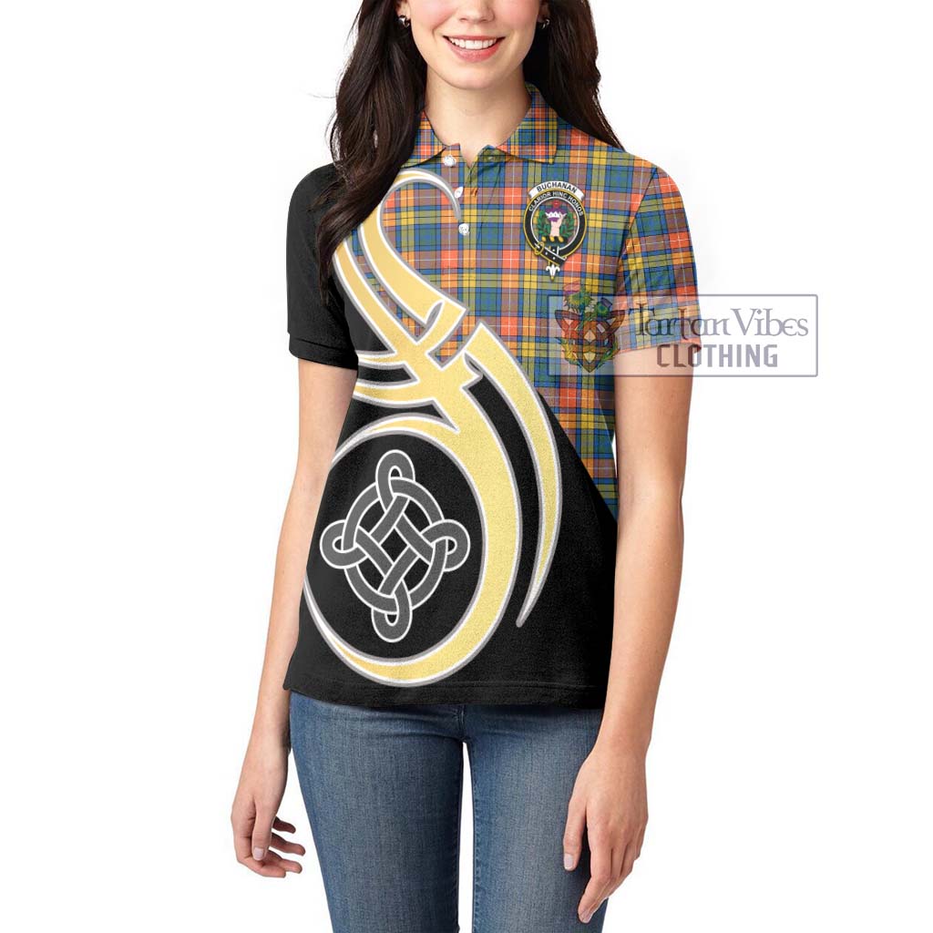 Buchanan Ancient Tartan Women's Polo Shirt with Family Crest and Celtic Symbol Style Women - Tartan Vibes Clothing