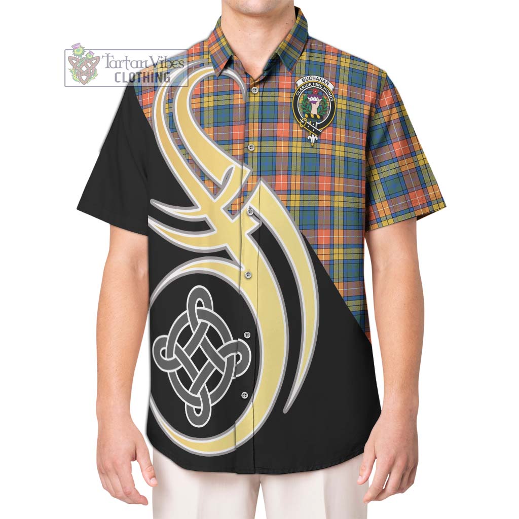 Buchanan Ancient Tartan Short Sleeve Button Shirt with Family Crest and Celtic Symbol Style Kid - Tartan Vibes Clothing