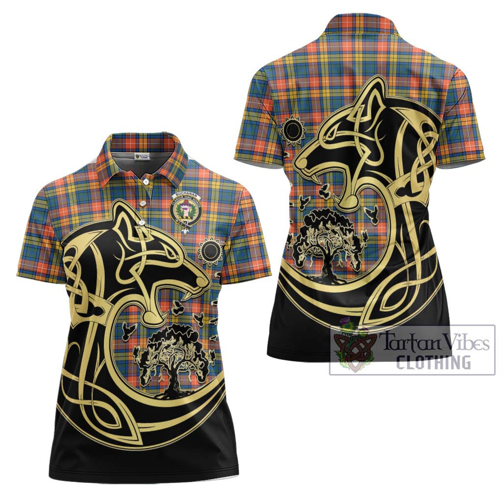 Buchanan Ancient Tartan Women's Polo Shirt with Family Crest Celtic Wolf Style Women - Tartanvibesclothing Shop