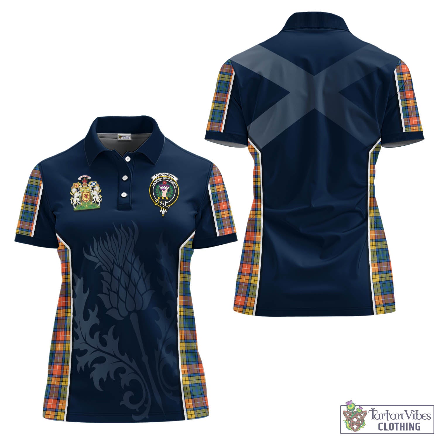 Tartan Vibes Clothing Buchanan Ancient Tartan Women's Polo Shirt with Family Crest and Scottish Thistle Vibes Sport Style