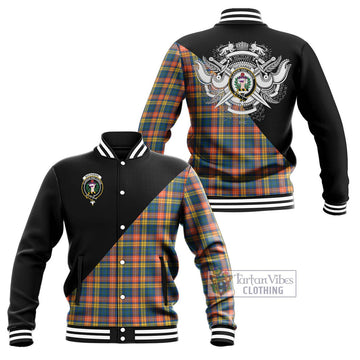 Buchanan Ancient Tartan Baseball Jacket with Family Crest and Military Logo Style