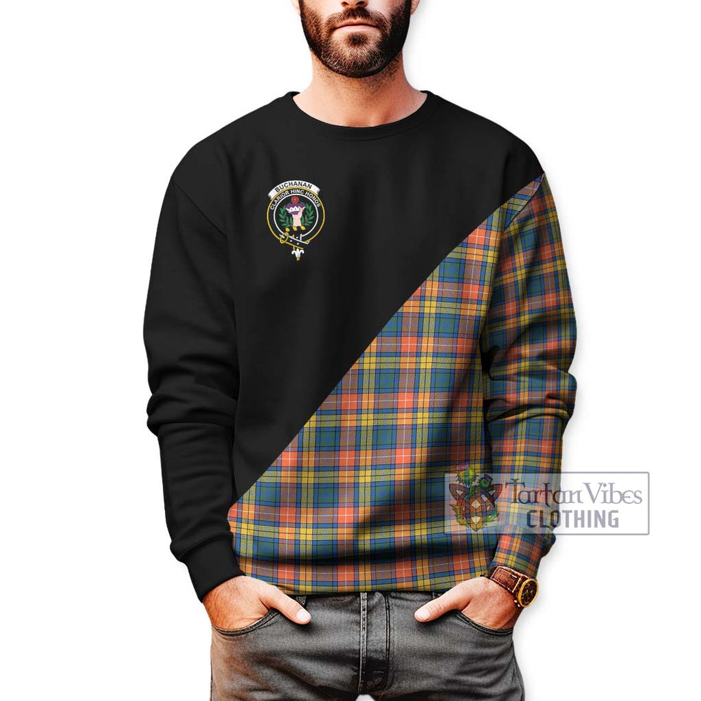 Buchanan Ancient Tartan Sweatshirt with Family Crest and Military Logo Style Unisex - Tartanvibesclothing Shop