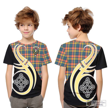 Buchanan Ancient Tartan Kid T-Shirt with Family Crest and Celtic Symbol Style