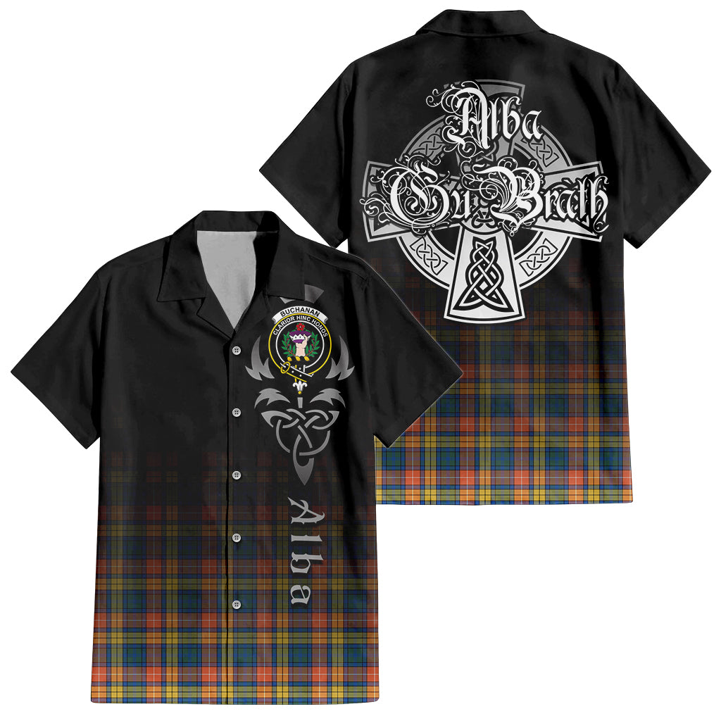 Tartan Vibes Clothing Buchanan Ancient Tartan Short Sleeve Button Up Featuring Alba Gu Brath Family Crest Celtic Inspired