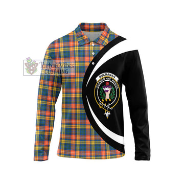 Buchanan Ancient Tartan Long Sleeve Polo Shirt with Family Crest Circle Style