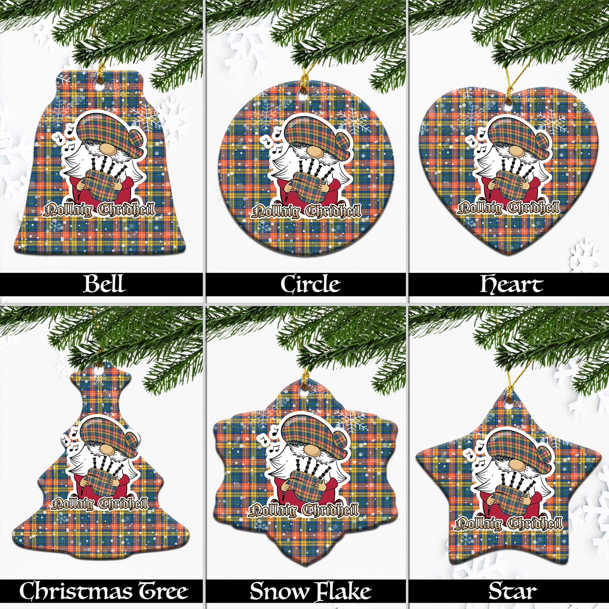 Buchanan Ancient Tartan Christmas Ornaments with Scottish Gnome Playing Bagpipes Ceramic - Tartanvibesclothing