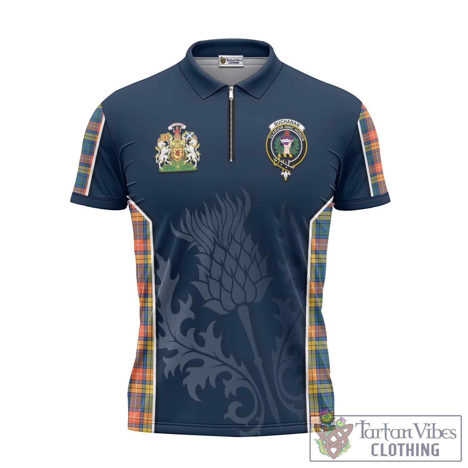 Tartan Vibes Clothing Buchanan Ancient Tartan Zipper Polo Shirt with Family Crest and Scottish Thistle Vibes Sport Style