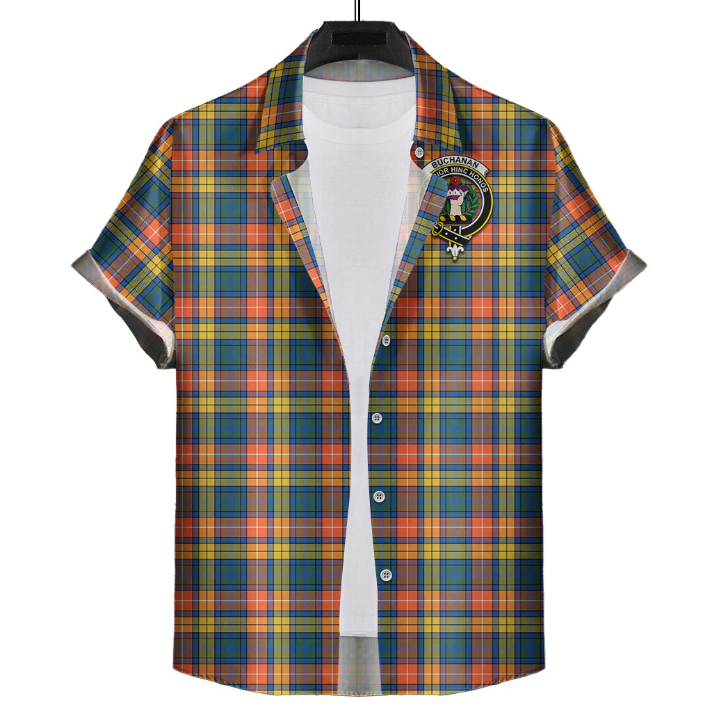 Buchanan Ancient Tartan Short Sleeve Button Down Shirt with Family Crest - Tartanvibesclothing