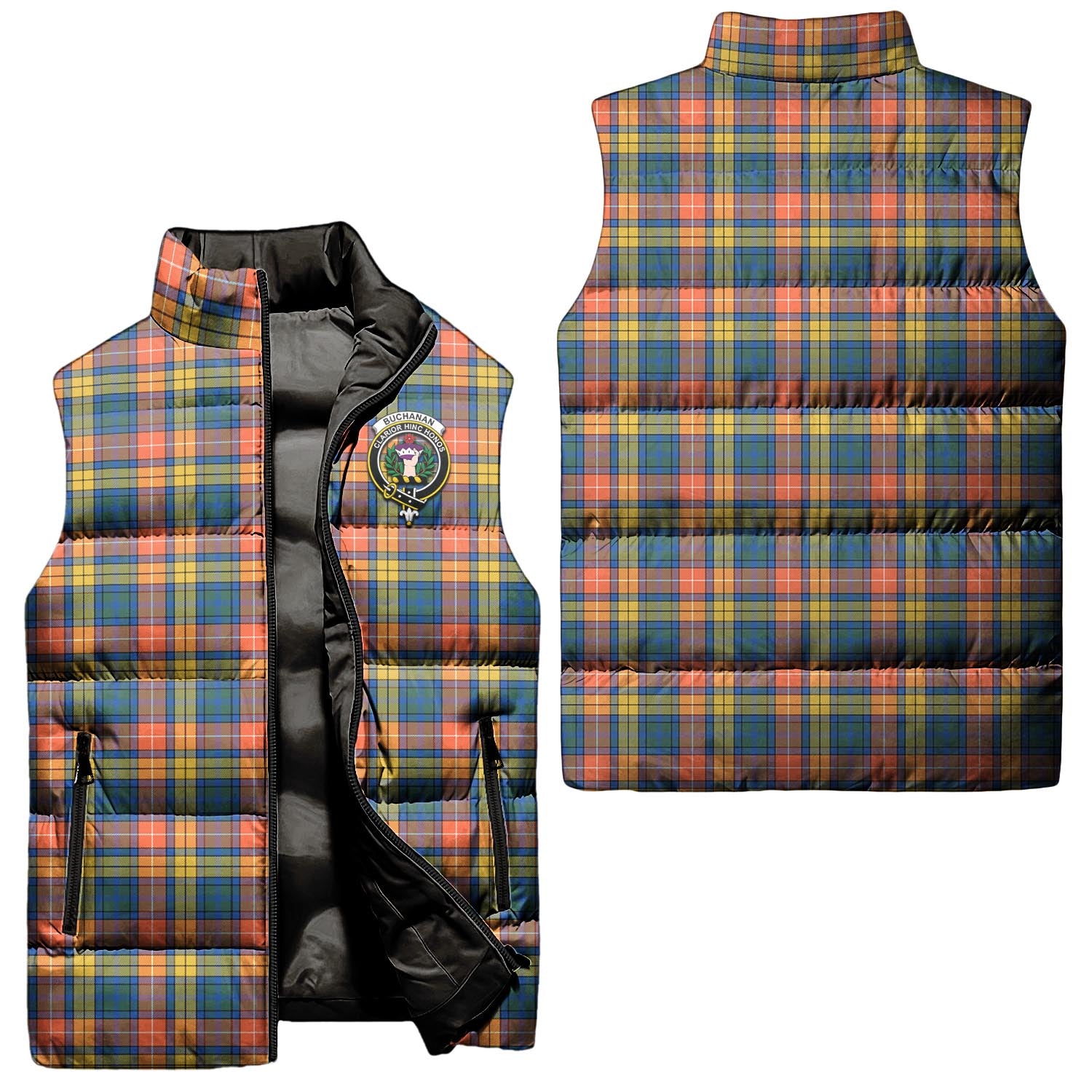 Buchanan Ancient Tartan Sleeveless Puffer Jacket with Family Crest Unisex - Tartanvibesclothing
