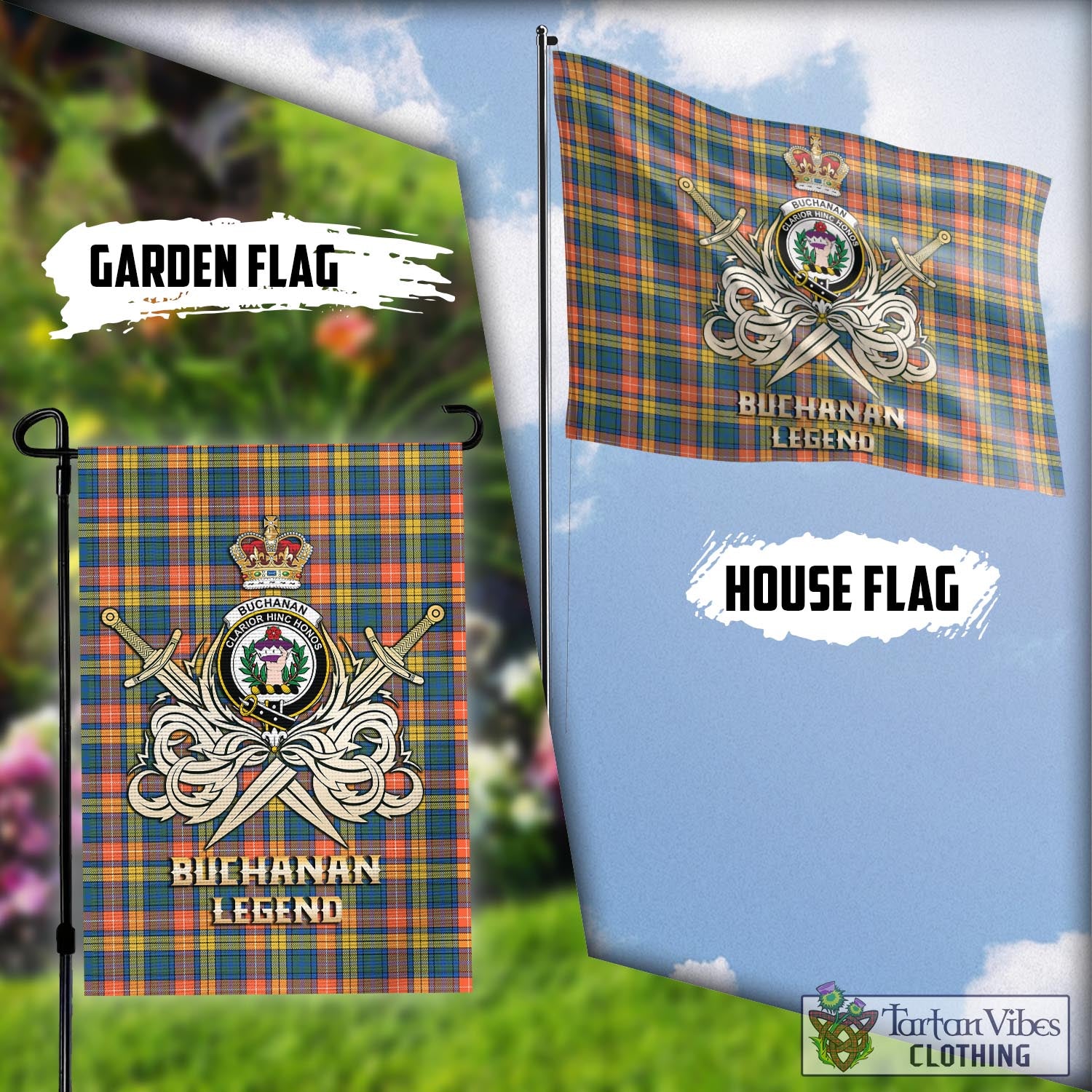 Tartan Vibes Clothing Buchanan Ancient Tartan Flag with Clan Crest and the Golden Sword of Courageous Legacy