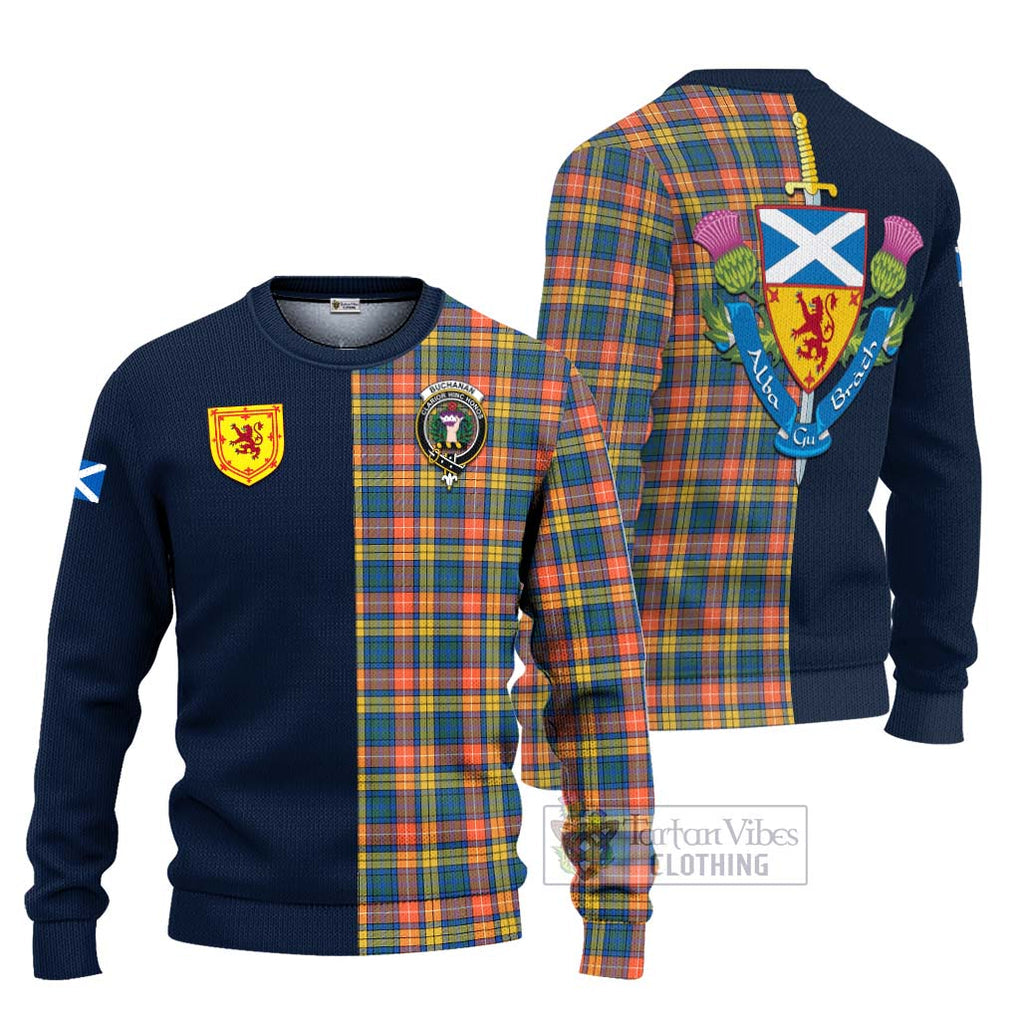 Tartan Vibes Clothing Buchanan Ancient Tartan Knitted Sweater with Scottish Lion Royal Arm Half Style