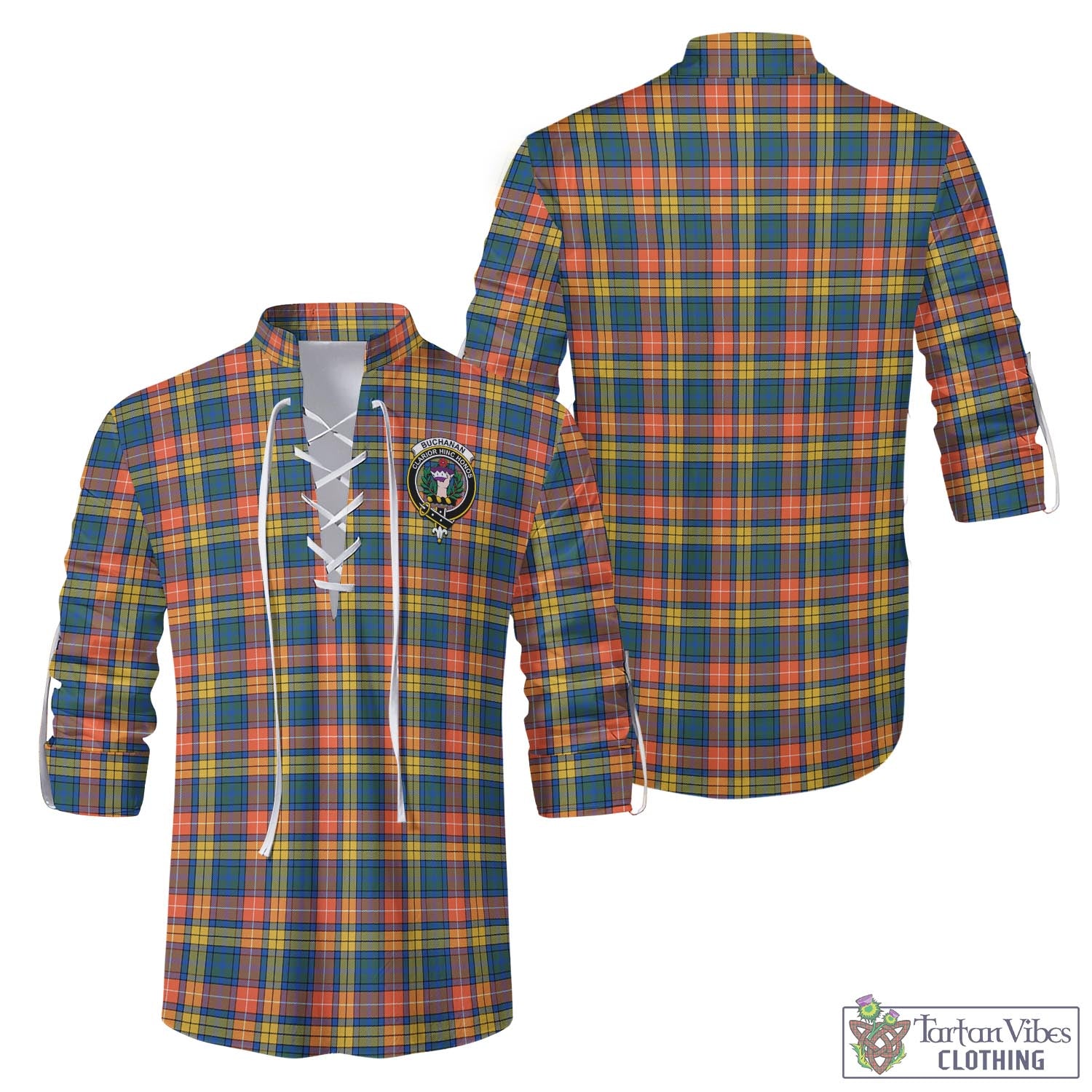 Tartan Vibes Clothing Buchanan Ancient Tartan Men's Scottish Traditional Jacobite Ghillie Kilt Shirt with Family Crest