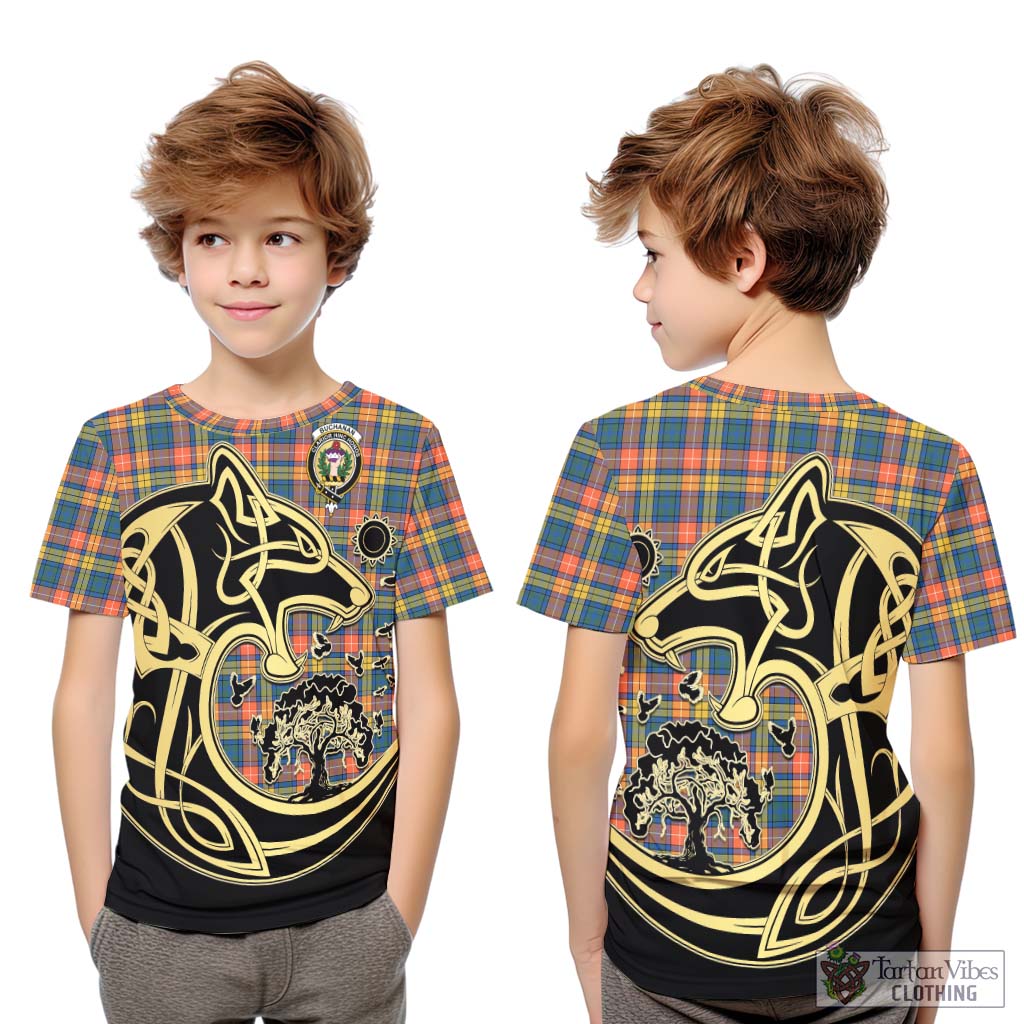 Tartan Vibes Clothing Buchanan Ancient Tartan Kid T-Shirt with Family Crest Celtic Wolf Style