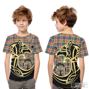 Buchanan Ancient Tartan Kid T-Shirt with Family Crest Celtic Wolf Style
