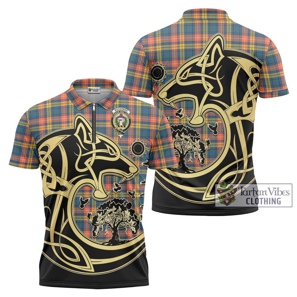 Buchanan Ancient Tartan Zipper Polo Shirt with Family Crest Celtic Wolf Style Unisex - Tartanvibesclothing Shop