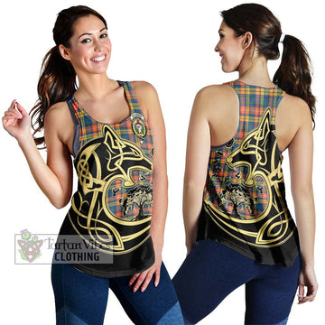 Buchanan Ancient Tartan Women's Racerback Tanks with Family Crest Celtic Wolf Style