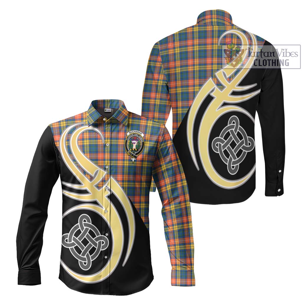 Buchanan Ancient Tartan Long Sleeve Button Shirt with Family Crest and Celtic Symbol Style Men's Shirt S - Tartan Vibes Clothing