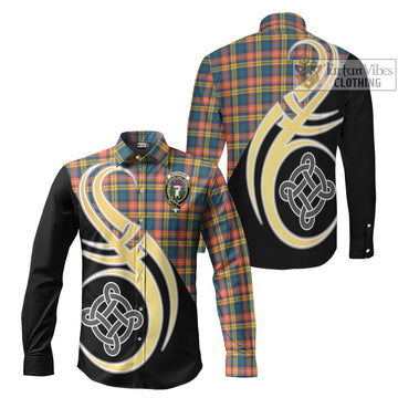 Buchanan Ancient Tartan Long Sleeve Button Shirt with Family Crest and Celtic Symbol Style