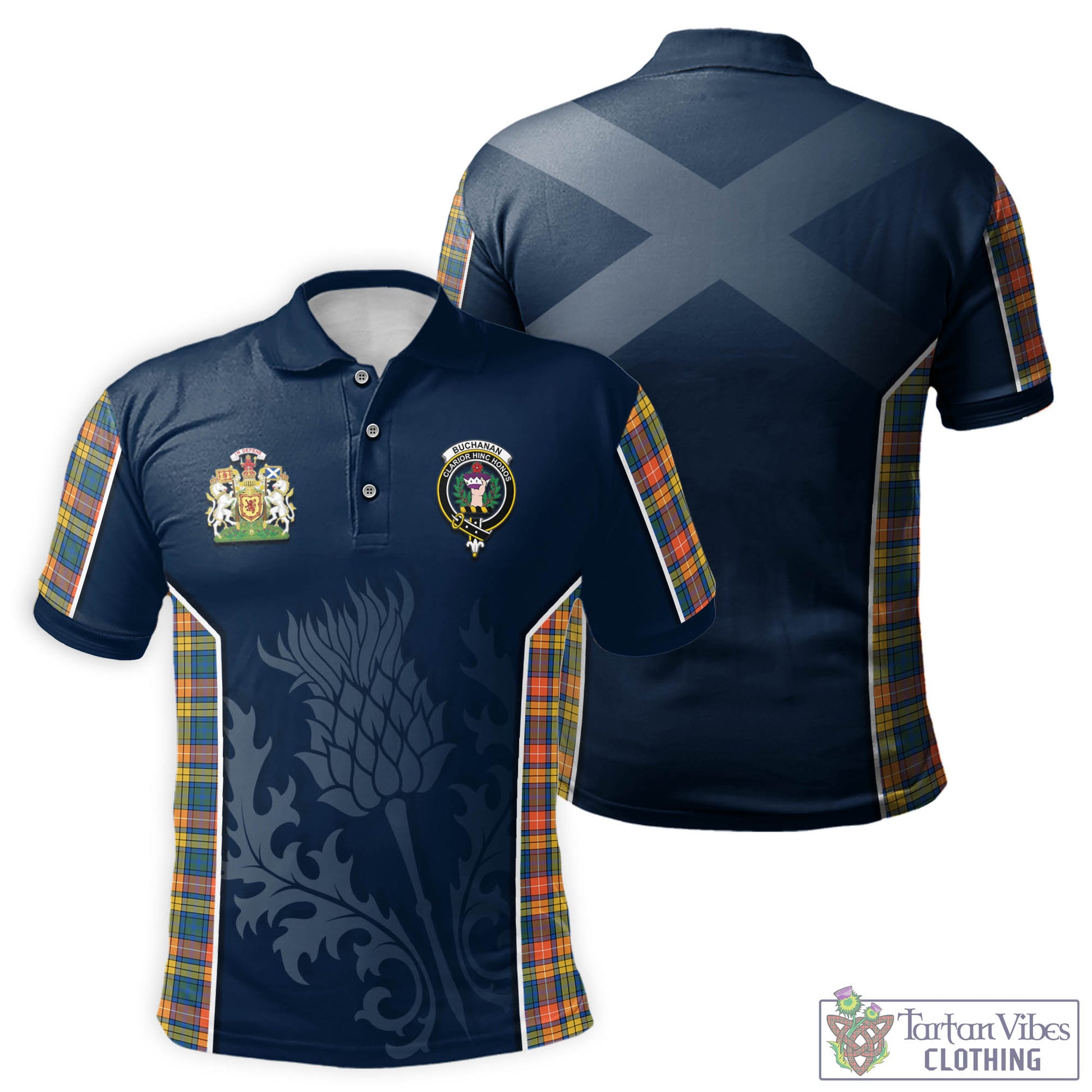 Tartan Vibes Clothing Buchanan Ancient Tartan Men's Polo Shirt with Family Crest and Scottish Thistle Vibes Sport Style