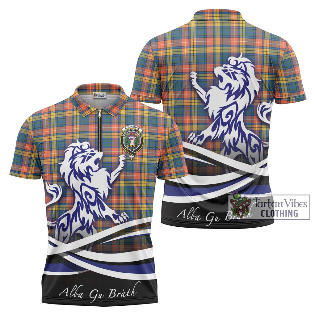 Buchanan Ancient Tartan Zipper Polo Shirt with Alba Gu Brath Regal Lion Emblem Unisex - Tartanvibesclothing Shop