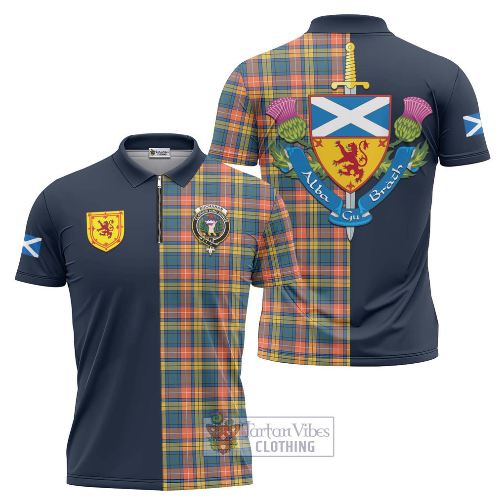 Tartan Vibes Clothing Buchanan Ancient Tartan Zipper Polo Shirt with Scottish Lion Royal Arm Half Style