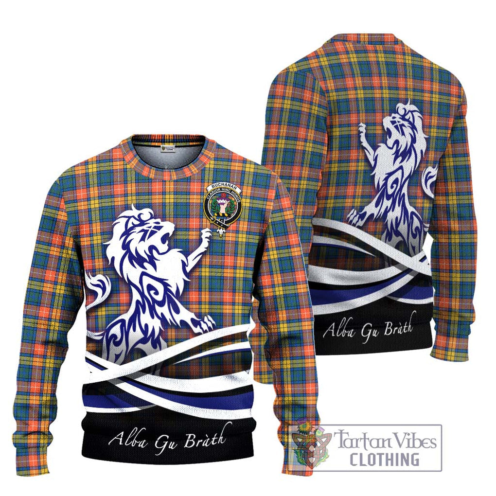 Buchanan Ancient Tartan Knitted Sweater with Alba Gu Brath Regal Lion Emblem Unisex - Tartanvibesclothing Shop