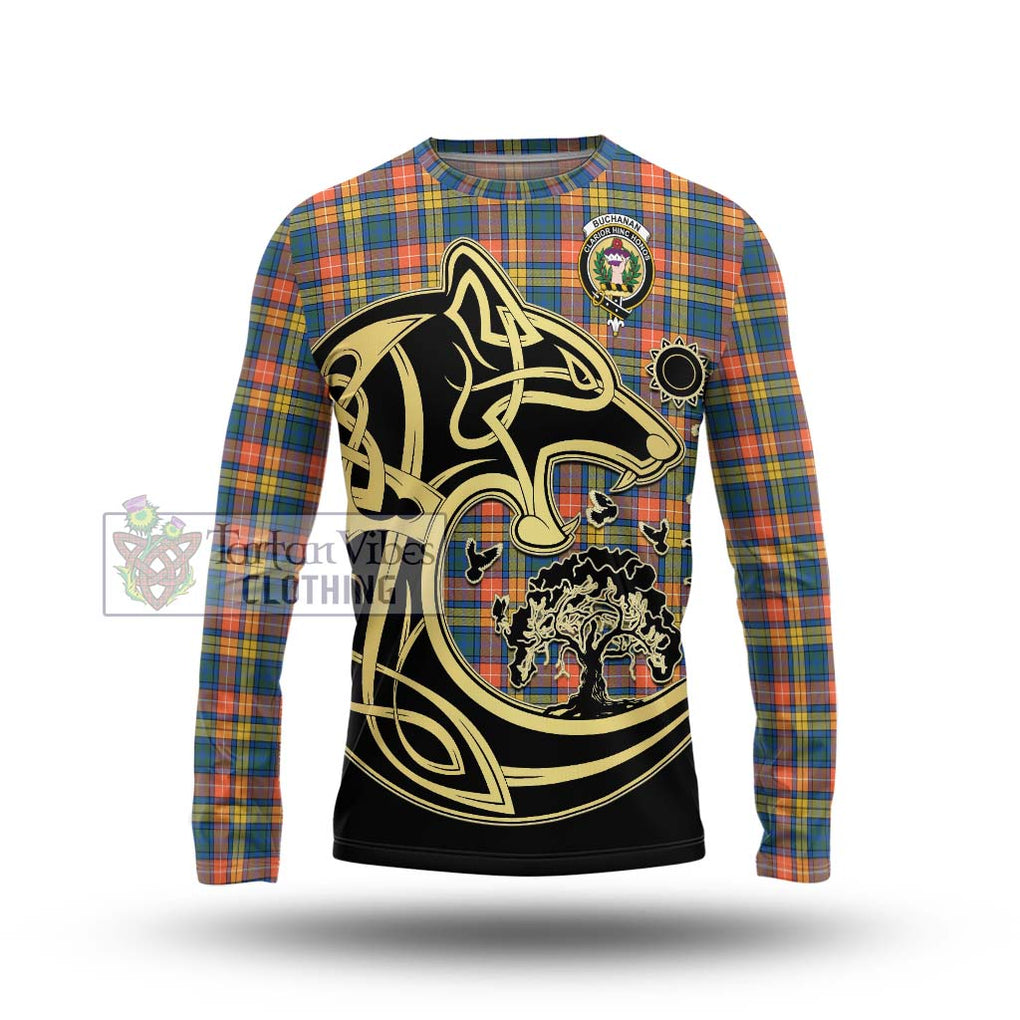 Buchanan Ancient Tartan Long Sleeve T-Shirt with Family Crest Celtic Wolf Style Unisex - Tartan Vibes Clothing