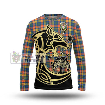 Buchanan Ancient Tartan Long Sleeve T-Shirt with Family Crest Celtic Wolf Style