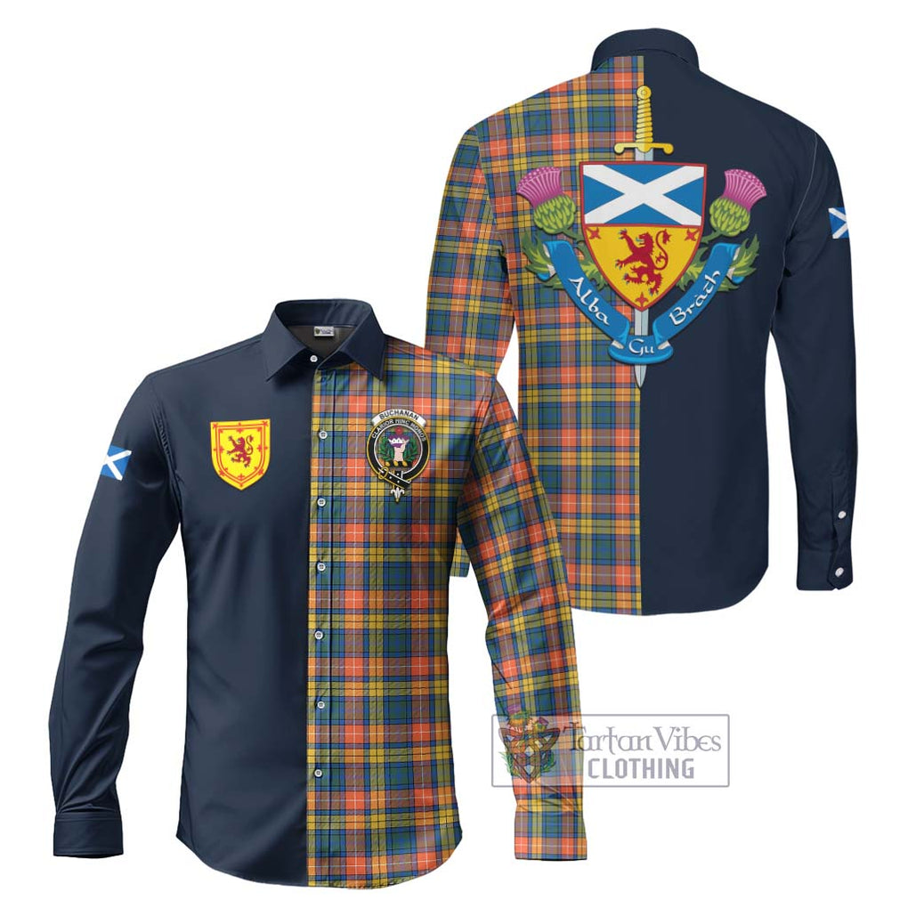 Tartan Vibes Clothing Buchanan Ancient Tartan Long Sleeve Button Shirt with Scottish Lion Royal Arm Half Style